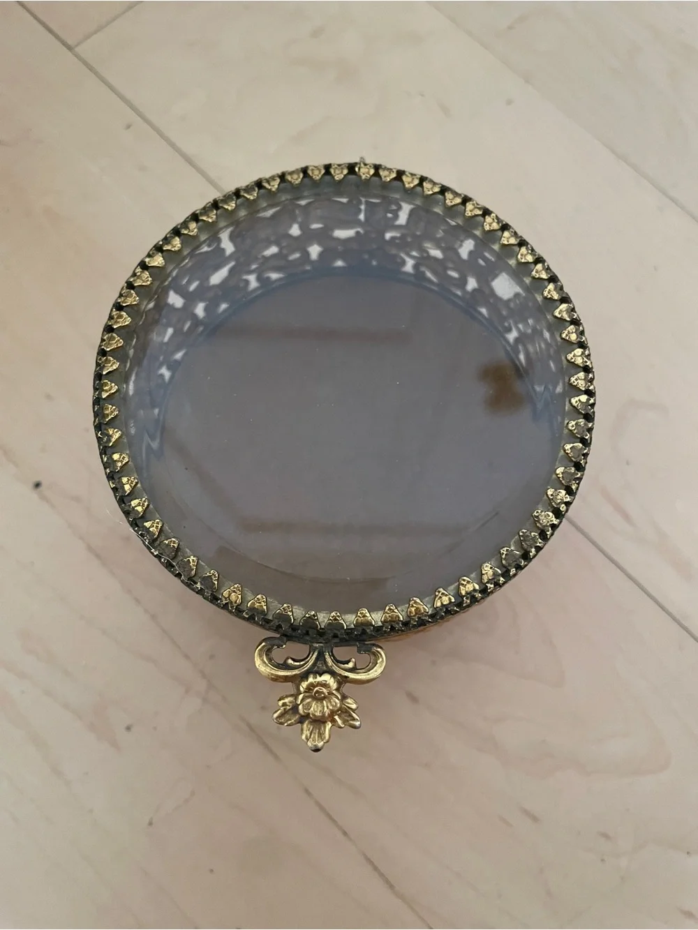 Vintage Gold Ormolu Beveled Glass Jewelry Casket Round Filigree Trinket Box 3